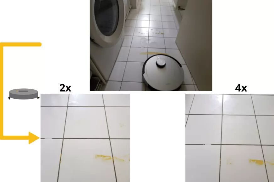 The mopping test result of the Ecovacs Deebot X1 OMNI on the tiled floor is clearly displayed.